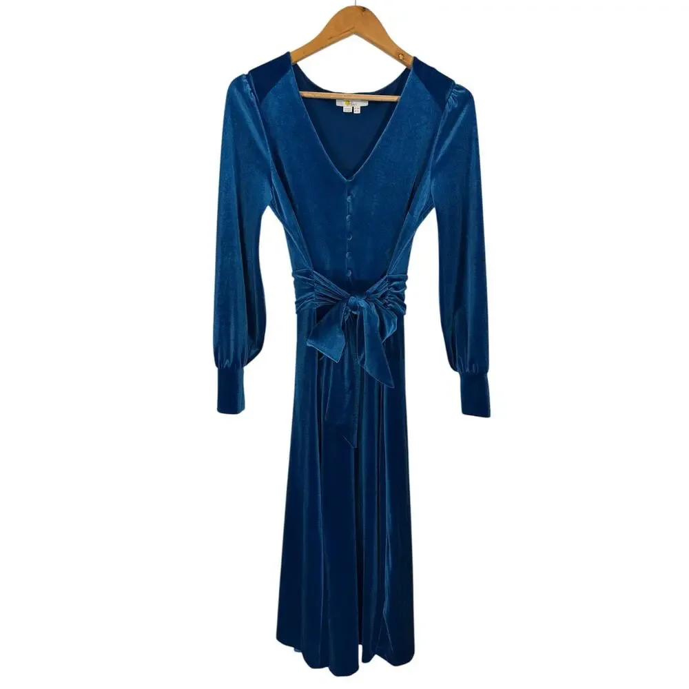 Boden Rita Velvet Maxi Dress Blue Depths A-Line Size 6R Elegant Stretch